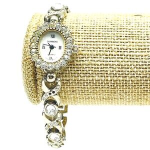Shannons Rhinestone Bracelet Watch Silver Tone Oval Link Womens Dress